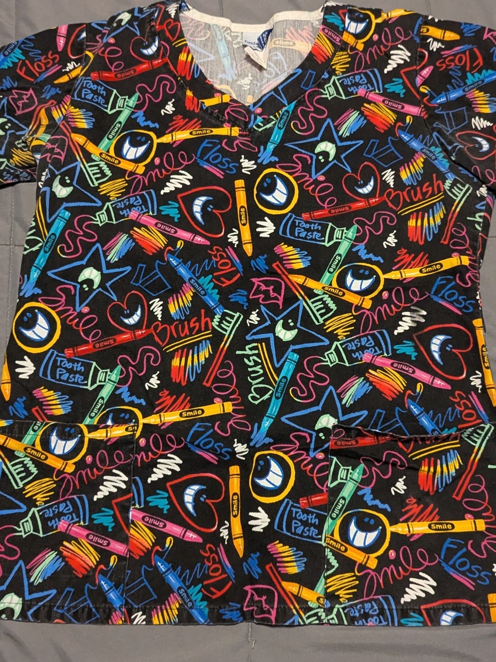 Unbranded Women's Black V-Neck Printed Top with Multicolor Dental Graphic